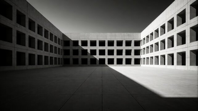 Black and white photo of an empty, angular concrete courtyard
