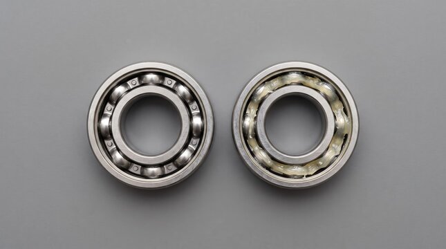 Dry and greased ball bearings lie side by side on a grey surface in a top-down view.