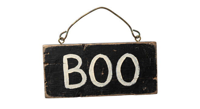 Rustic black wooden sign with white hand-painted boo text hanging from a metal wire loop