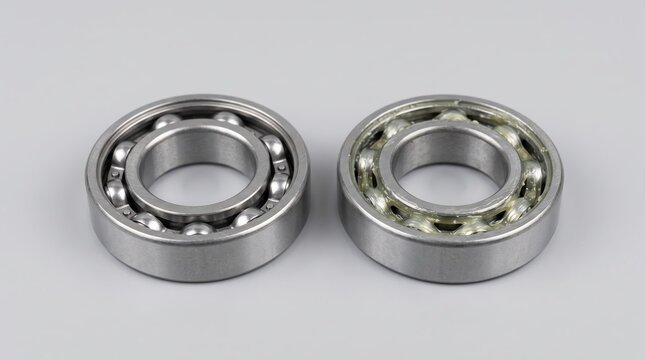 Two metal ball bearings show a comparison between a dry state and a greased condition.