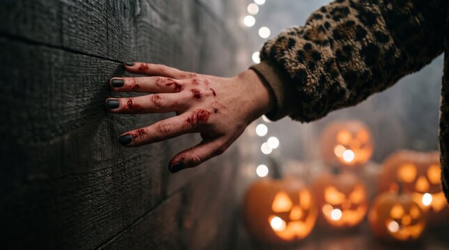Bloody hand against a wood wall creates a horror scene with blurred Halloween pumpkins.