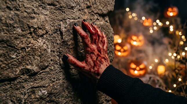 Horror themed bloody hand leans on a wall with festive Halloween lights shining behind.