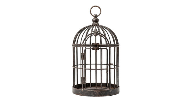 Vintage style metal bird cage with a distressed dark finish isolated on a white background