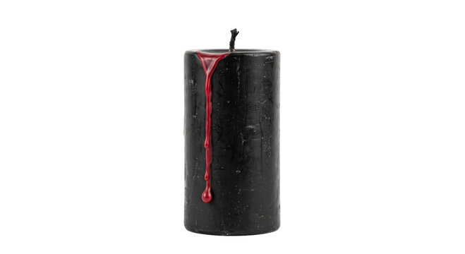 Black pillar candle with red wax dripping down the side isolated on a white background studio shot