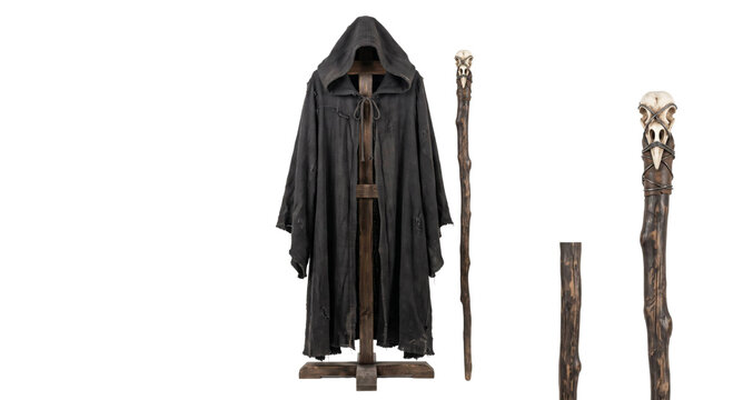 Black hooded cloak and a wooden staff with a skull topper displayed on a wooden stand isolated