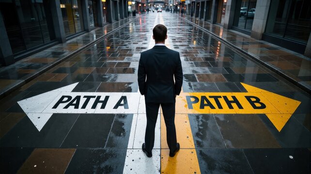 Business Man Choosing Between Path A and Path B at City Street Crossroads