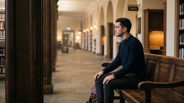 Young man sitting on wooden bench in library hallway looking out window thoughtful