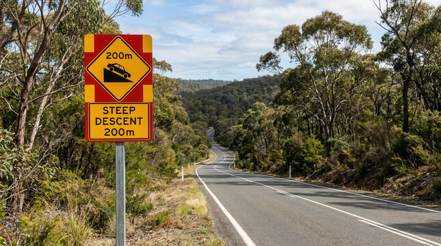 Australian Road Sign Warning Of Steep Descent Ahead On A Winding Forested Highway