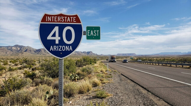 Arizona Interstate 40 East Highway Sign In Desert Landscape