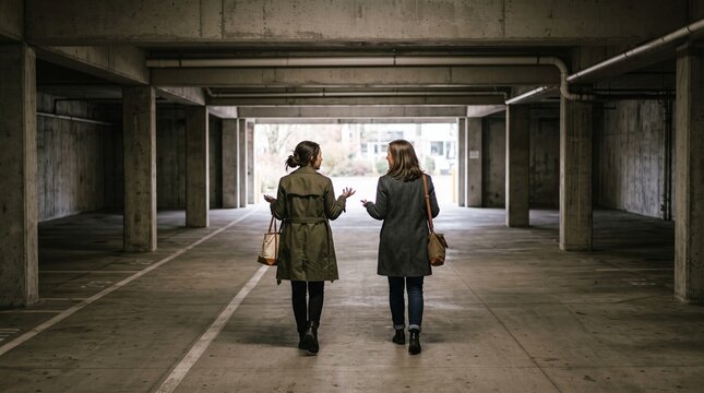 Two women walking away from camera in a concrete parking garage discussing something