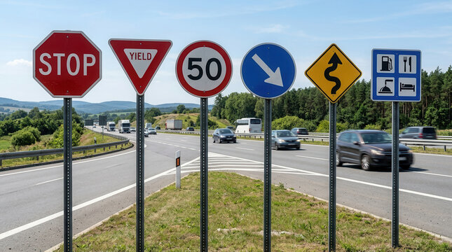 Assortment Of Roadside Traffic Signs On A Highway With Cars And Trucks