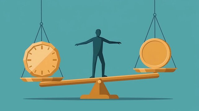 Conceptual illustration of time versus money balance with a man on a scale