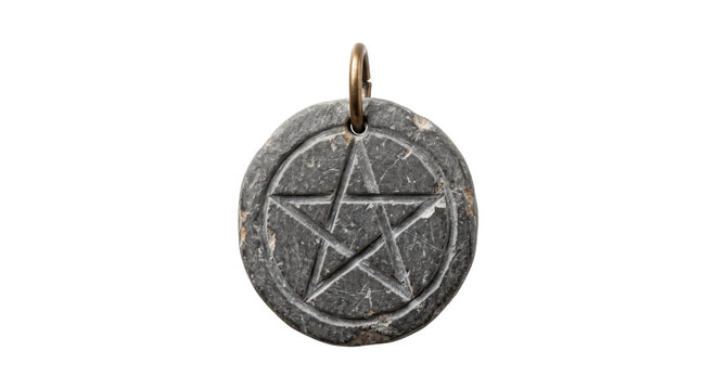 Round stone pendant featuring a carved pentagram symbol isolated on a clean white background
