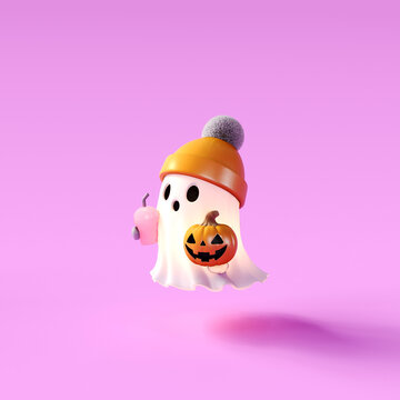 Cute ghost with Halloween pumpkin on purple background. Halloween greeting card design with copy space. 3D Rendering, 3D Illustration