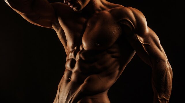 Close-up of toned male physique against dark backdrop
