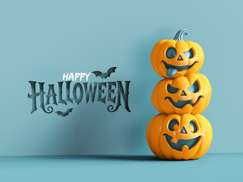 Three stacked orange pumpkins with playful carved jack-o-lantern faces isolated against a blue background. Halloween greeting card design with text. 3D Rendering, 3D Illustration