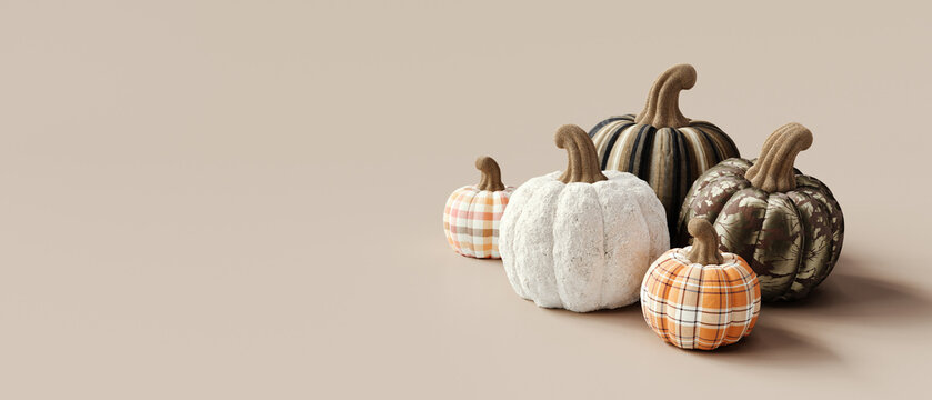 Variety of pumpkins on beige background with copy space. 3D Rendering, 3D Illustration