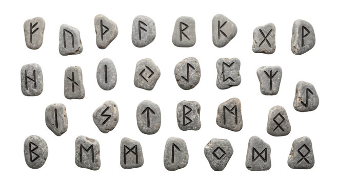 Set of ancient Norse runes carved into smooth grey river stones on a white background isolated