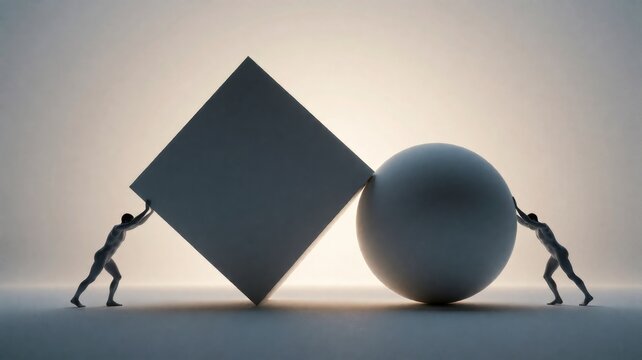 Conceptual metaphor of human effort and cooperation pushing geometric shapes