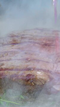 Steam rises above browned cooked meat with glossy surface and soft haze, close rustic kitchen view showing heat, moisture, and rich texture