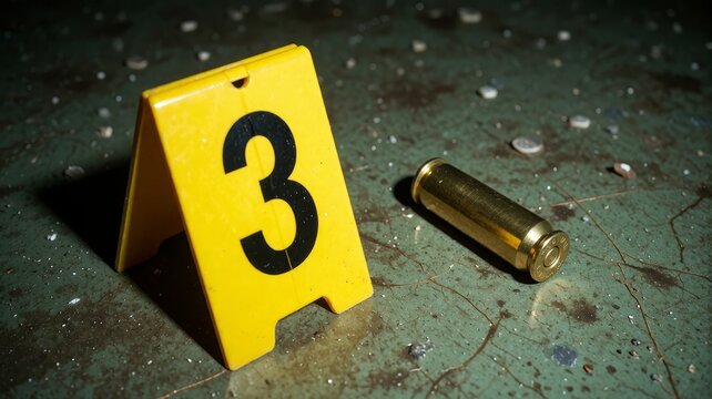Crime scene marker and spent bullet on a wet, cracked floor