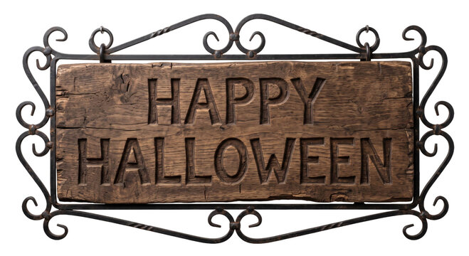 Rustic wooden sign with carved Happy Halloween text framed in decorative black wrought iron