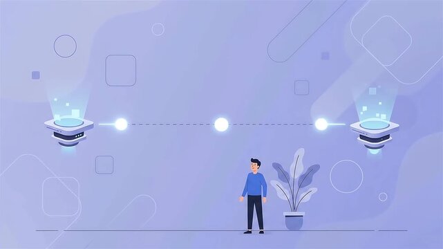 Data Transfer Concept with Man Standing Between Two Futuristic Digital Terminals