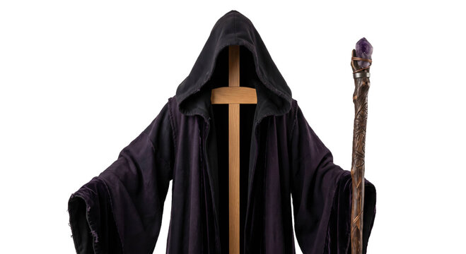 Mysterious dark hooded robe draped over a wooden cross with a carved crystal wizard staff