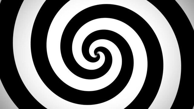 Hypnotic spiral motion background, black and white optical illusion video, rotating psychedelic swirl pattern for meditation and trance visuals