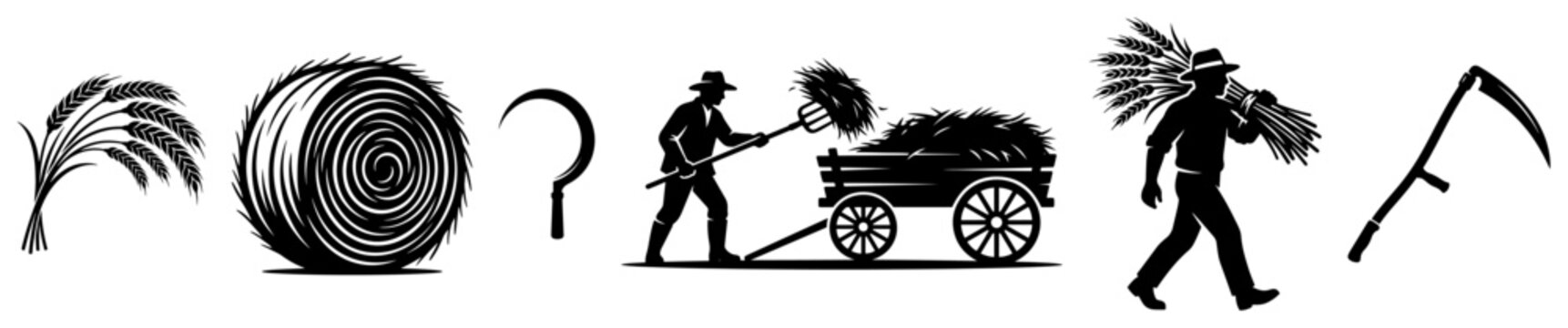 Traditional farming and manual harvest silhouettes featuring farmers with tools in black style
