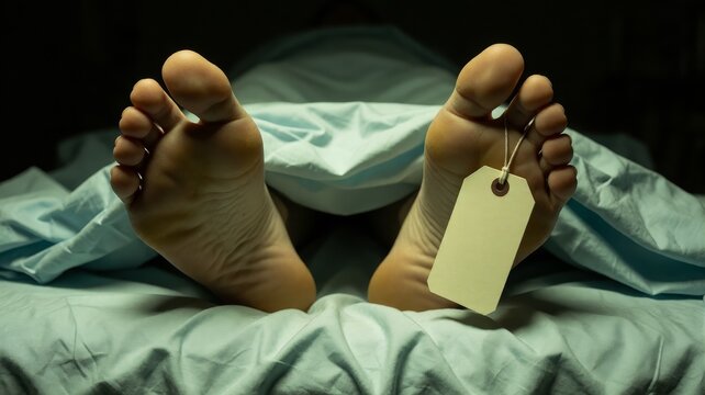 Feet lie on hospital bed with identification tag attached