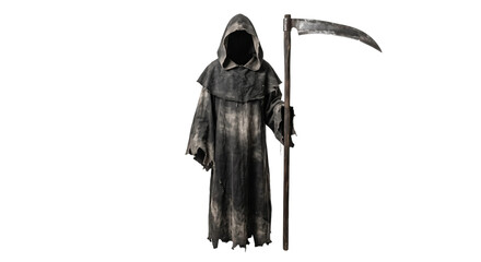 Obraz premium Grim reaper figure in a tattered black hooded robe holding a large metal scythe on white background