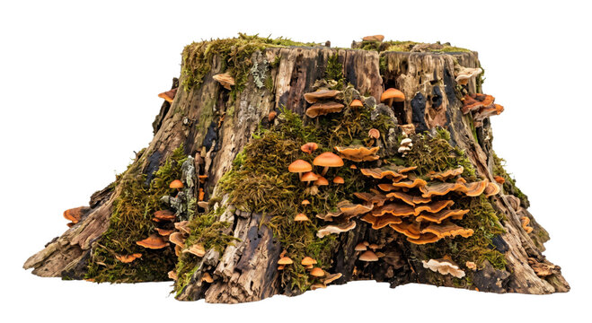 Old tree stump covered in green moss and various wild mushrooms isolated on white background