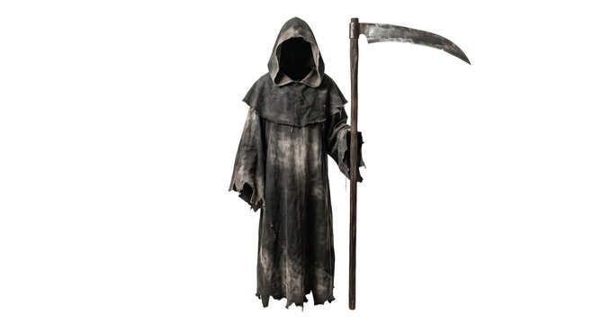 Grim reaper figure in a tattered black hooded robe holding a large metal scythe on white background