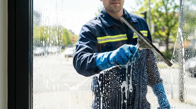 Service worker cleaning a window with soapy foam and a squeegee tool.