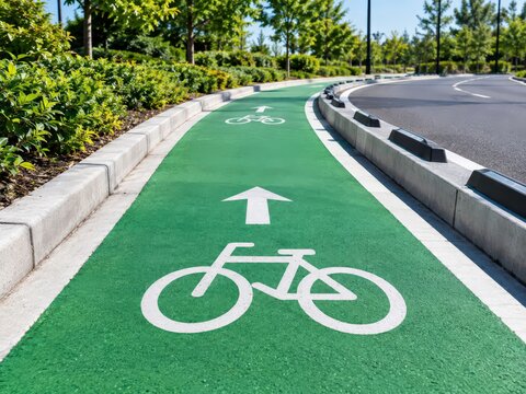 Bright daylight view of a green painted protected cycle lane curving along kerbs and featuring directional bike markings