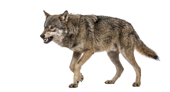 Aggressive gray wolf walking with bared teeth isolated on a clean white studio background