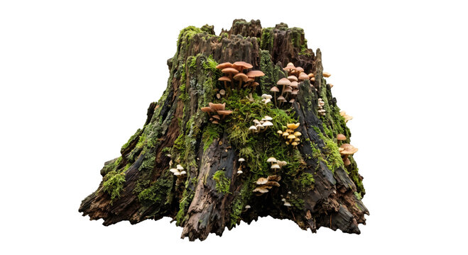 A weathered tree stump covered in vibrant green moss and clusters of small wild mushrooms