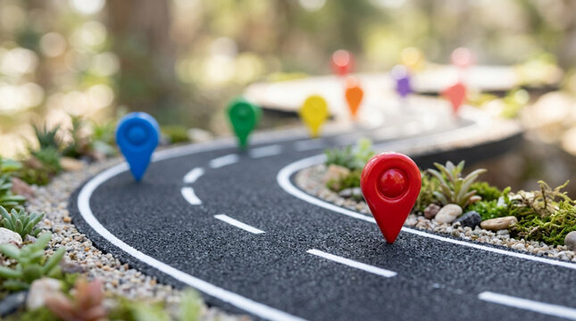 Colorful location pins on a winding miniature road, symbolizing navigation and travel