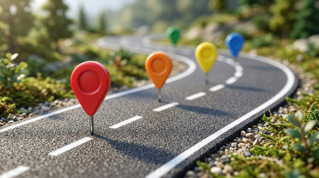 Colorful location pins on winding road, travel and navigation concept