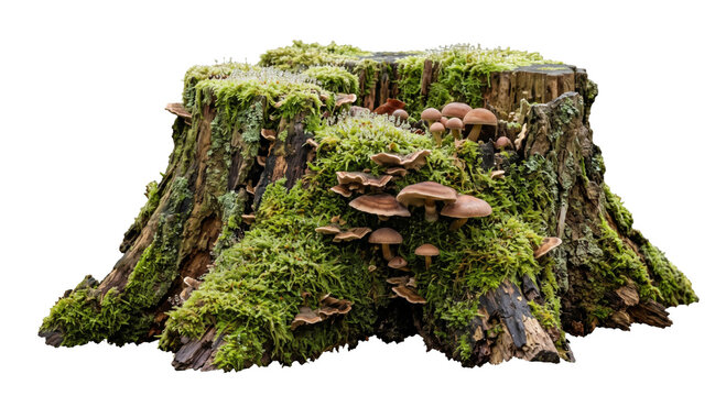 Old tree stump covered in vibrant green moss and wild mushrooms isolated on white background
