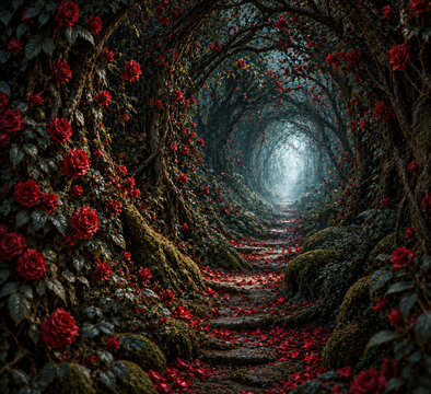 Enchanted Rose Tunnel with Secret Forest Path Romantic Dark Fantasy Background