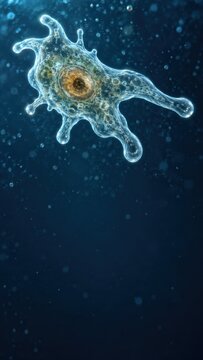 Microscopic amoeba organism floating in dark blue water, closeup scientific illustration