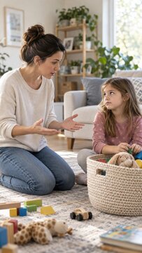 Mother talking to upset young daughter during tense parenting moment in cozy living room