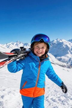 Smiling child skier carrying skis on snowy mountain slope under clear blue sky