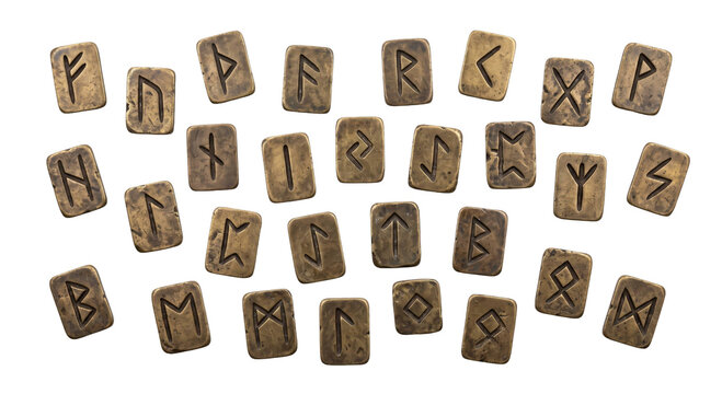 Set of ancient bronze rune stones with engraved symbols isolated on a white background