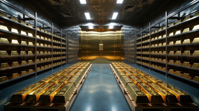Interior of secure gold vault showing organized rows of gold bars