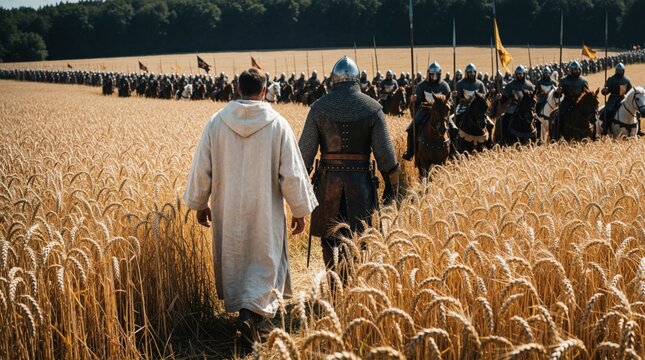 Medieval priest, armored knight walk through tall golden wheat field. Large army of mounted soldiers on horses follows during historical reenactment. Crusaders march across countryside landscape in