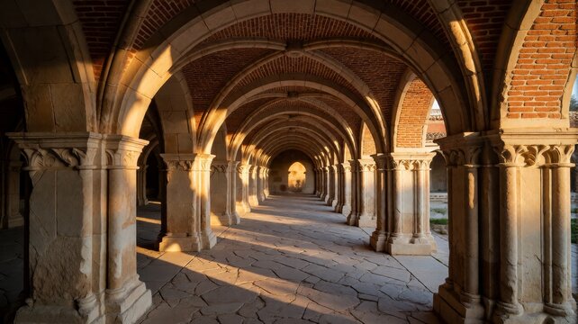 Long stone archway corridor with sunlit columns and textured floor