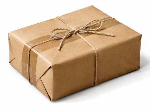Parcel sealed with brown paper gummed tape and tied with twine in bright daylight setting